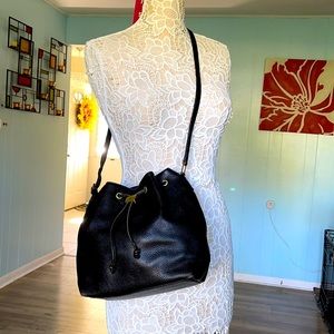 Vintage Mark Cross black leather bucket crossbody bag